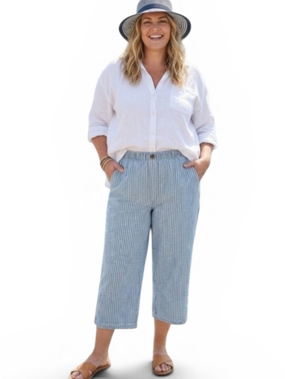 Alia Blue & White Striped 100% Cotton Capri Pants Size 18 Elastic Waist